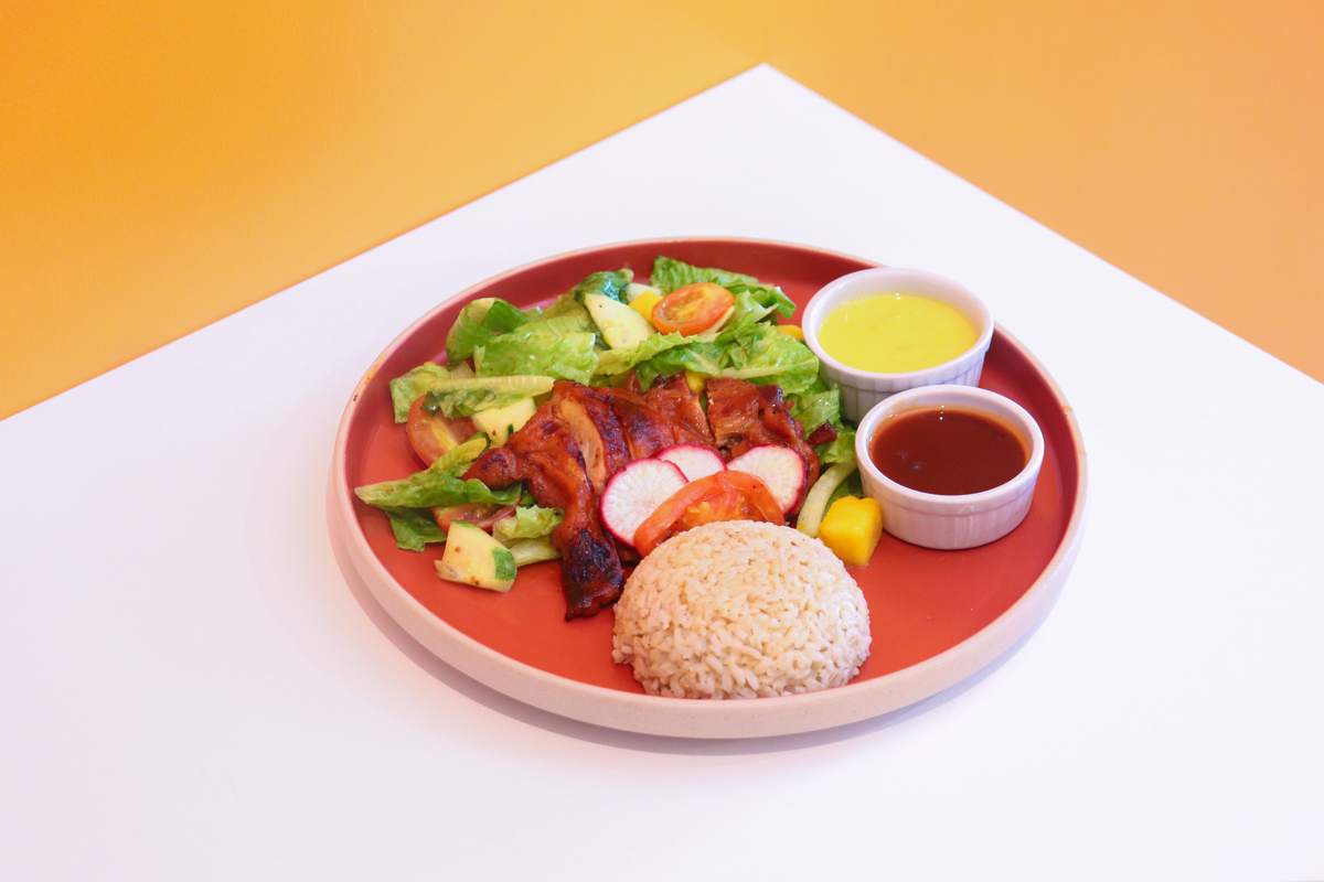 Glazed grilled chicken with brown rice and salad
