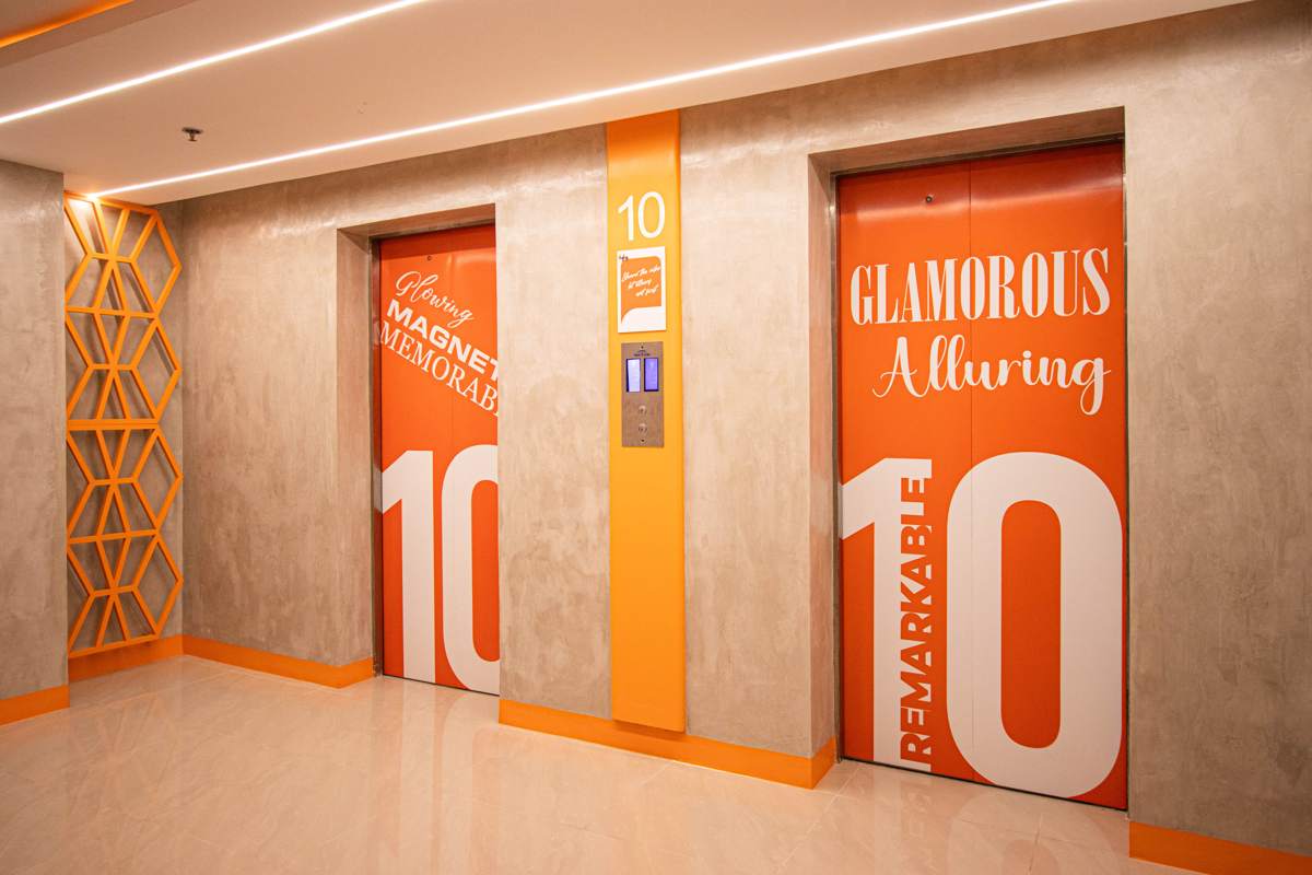 Vibrant Hotel floor lobby in orange